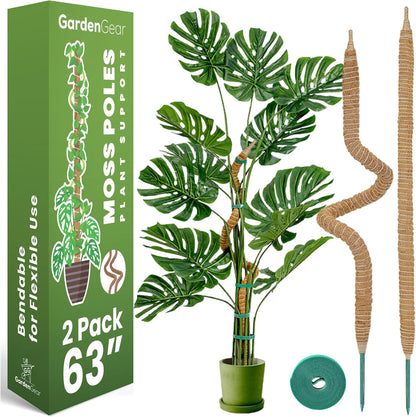 2 Pack 63 Inch Bendable Moss Pole Monstera Plant Support Stakes for Indoor Plants - Tall Moss Stick Trellis for Potted Climbers - Stem Support Accessories for Climbing Houseplants