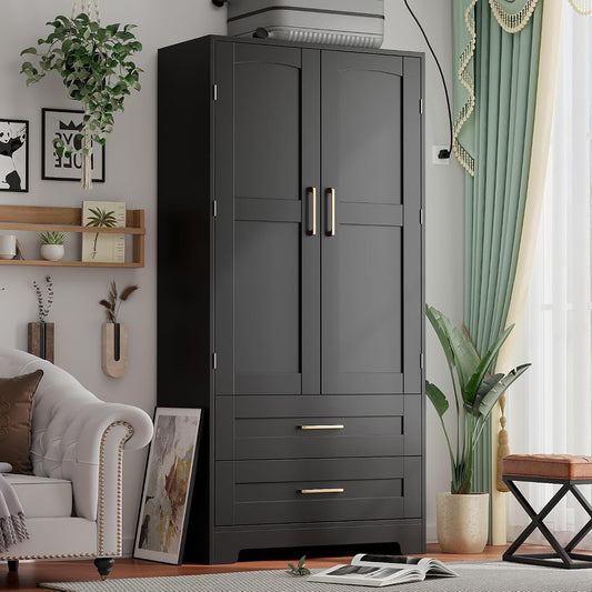 Wooden Armoire Wardrobe Closet, Bedroom Armoires with Door and Drawers, Freestanding Wardrobe Clothing Storage Cabinet with Shelves and Hanging Rod for Bedroom, Laundry Room, Cloak Room（Black）