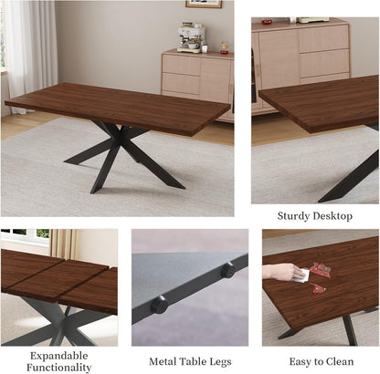 ZckyCine 7-Piece Dining Table Set with 51"-67" Extendable Walnut Wood Table and 6 PU Leather Chairs, Modern Rectangular Kitchen Table Set with Metal Legs, Seats 6, Easy Assembly