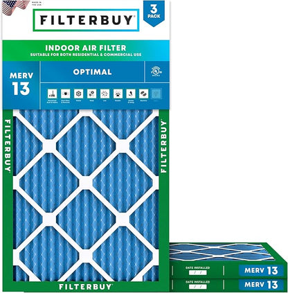 Filterbuy 16x30x1 Air Filter MERV 13 Optimal Smoke & Allergy Defense (3-Pack), Electrostatic Pleated HVAC AC Furnace Filters Replacement, Made in USA (Actual Size: 15.75 x 29.75 x 0.75)
