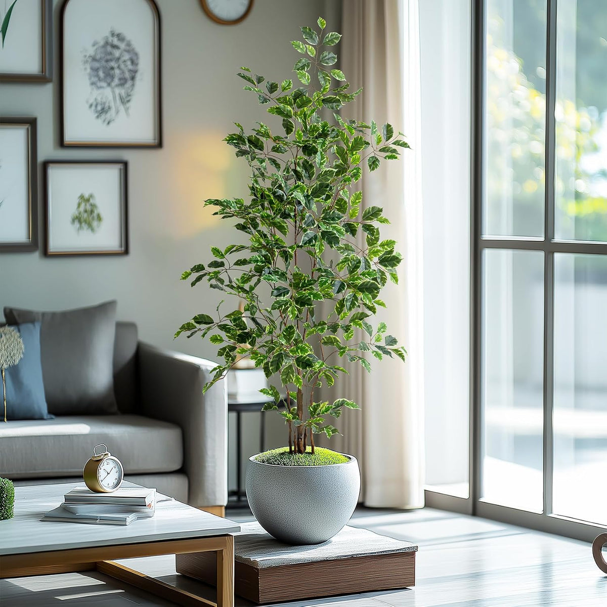 Artificial Ficus Tree Indoor 5ft, Large Potted Faux Tree with Realistic Silk Leaves & Trunk for Home Office, Living Room Corner Decor