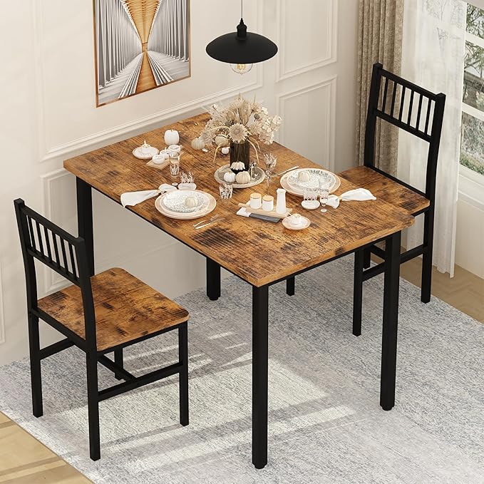 Lamerge Small Kitchen Table Set for 2, Industrial Dining Breakfast Table and 2 Chairs, 3 Pieces Dining Table Set for Dining Room, Living Room, Apartment, Small Space (Retro Brown)