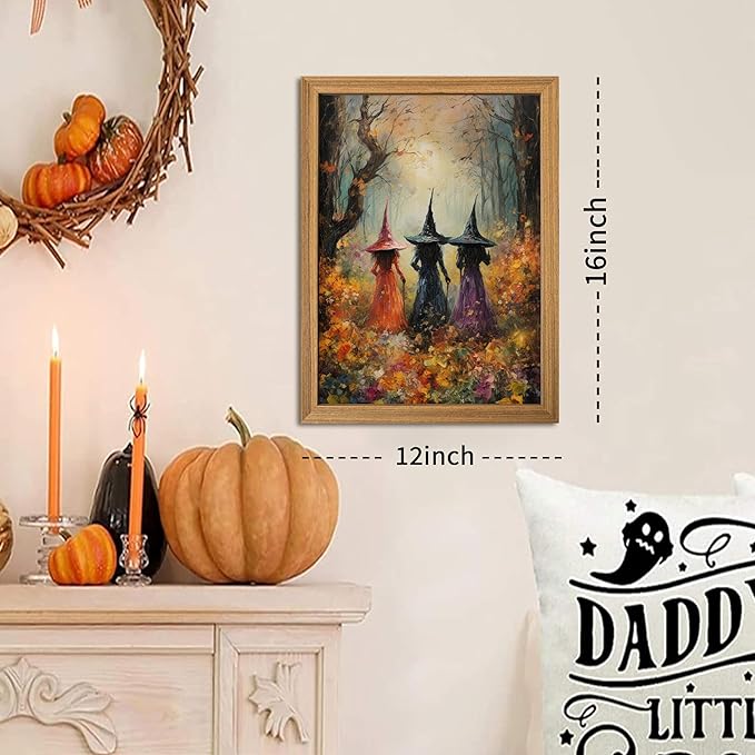 Framed Vintage Halloween Witch Wall Art – Halloween 3D Texture Witches Pictures Fall Decor for Living Room, Mysterious Forest Witchy Sandstone Aesthetic Art Prints for Bedroom Kids Room – 16x24in