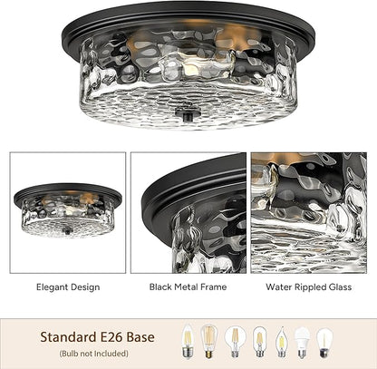 Industrial Flush Mount Ceiling Light, 16" 3-Light Modern Ceiling Light Fixture, Hammered Modern Kitchen Ceiling Light for Bedroom, Living Room, Kitchen Island (Black)
