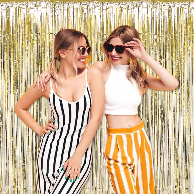 6 Pack Light Gold Foil Fringe Curtains Backdrop, 3.28 x 8.2 Ft Metallic Streamers Tinsel Curtains Background for Photo Booth, Birthday, Weddings, Carnivals, Graduation, Themed Party Decorations