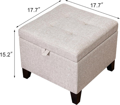 Adeco 18 Inch High Cube Ottoman Storage, Linen Chair Foot Stools, Upholstered Vanity Stool with Hinged Lid, Solid Wood Legs (Beige Grey)
