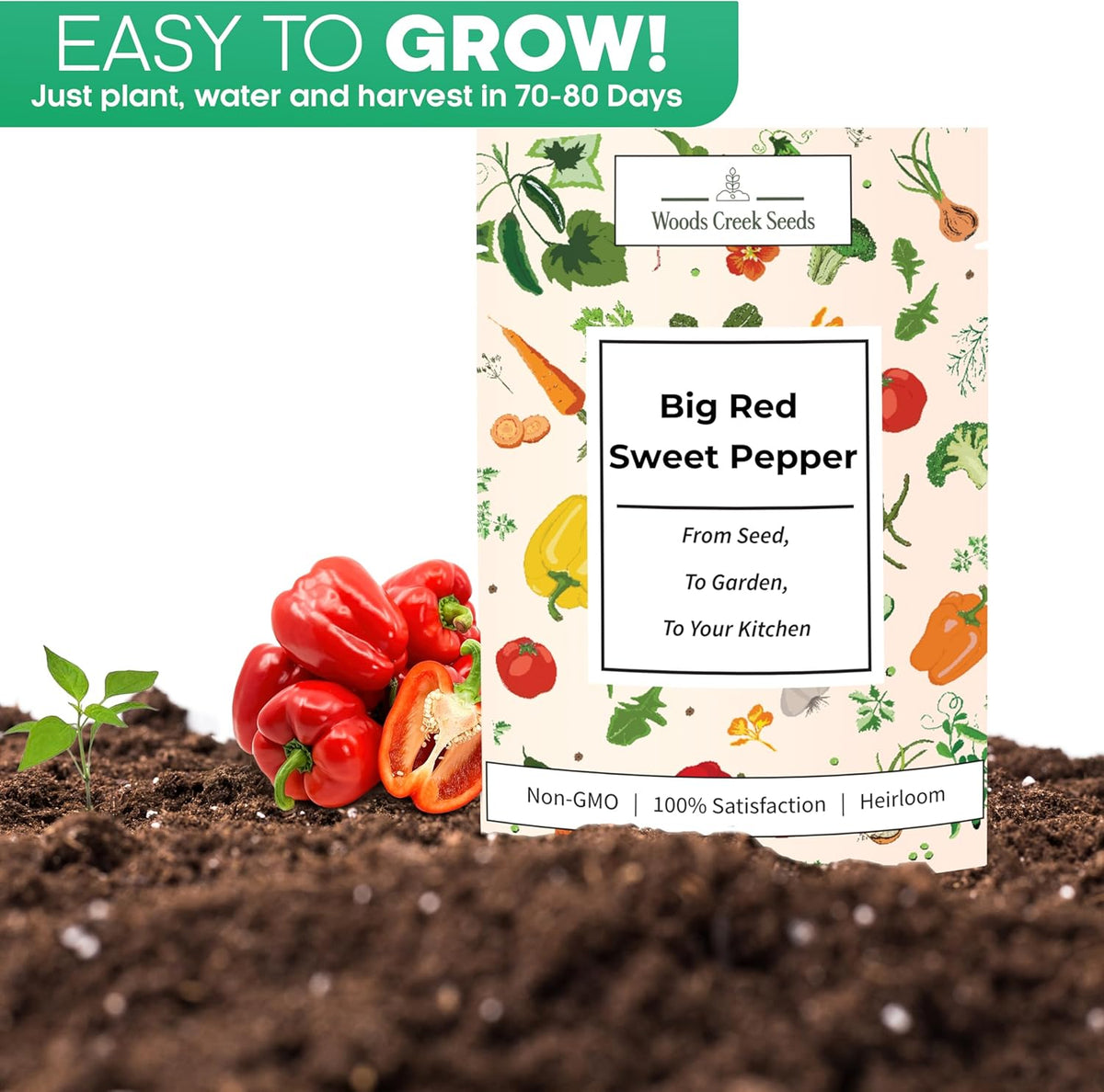 Woods Creek Seeds: Big Red Sweet Pepper Seeds for Planting - Non-GMO and Heirloom Bell Pepper Seeds for Planting Outdoors or Indoors for Home Plant Gardens - Large and Blocky Bell Peppers Seed Pack