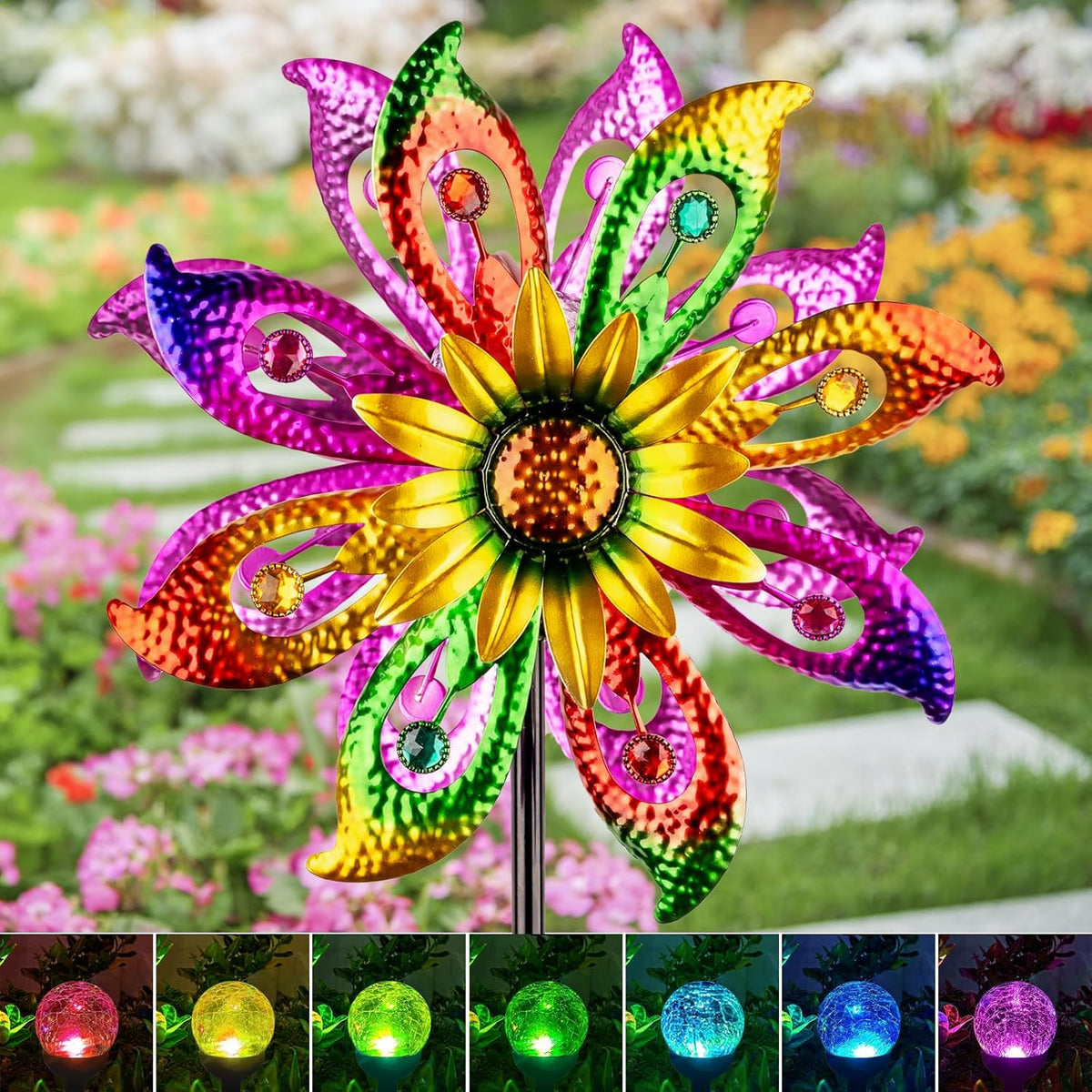 Solar Wind Spinners Outdoor with Lights Sunflower Garden Outdoor Decor Yard Lawn Art Decor for Patio Kinetic Windmills Unique Gifts for Friends and Family 60.63'' H x 13.38'' Dia 360° Rotation