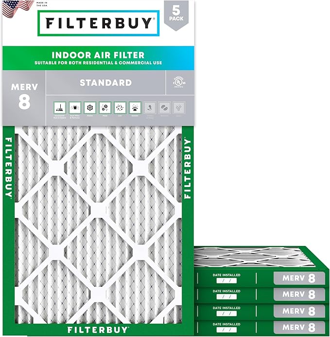 Filterbuy 16x25x1 Air Filter MERV 8 Essential Dust & Allergy Defense (5-Pack), Electrostatic Pleated HVAC AC Furnace Filters Replacement, Made in USA (Actual Size: 15.50 x 24.50 x 0.75)