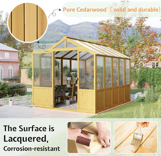Jocisland 6x8x6.5 Ft Wooden Greenhouse, Pre-Assembled Solid Cedar Frame, Walk-in Design, Lockable Door, Adjustable Roof Vents, Polycarbonate Panels for Outdoor, Garden, Backyard