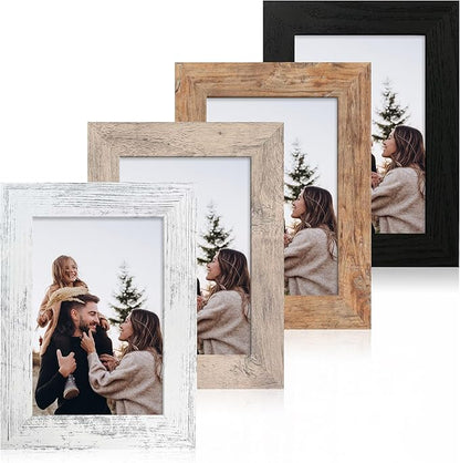 4x6 Picture Frame Set of 4 with High Definition Real Glass, Mixed Color Wood Photo Frames for Desktop Display and Wall Mounting
