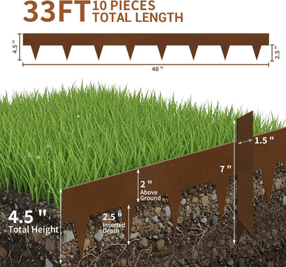 Worth Garden 33ft. Galvanized Steel Landscape Edging - 10-Pack 40" Metal Edging for Landscaping with 11 Stakes, Bronze Powder Coating Hammer-in Lawn Edging for Yard Pathway Divider