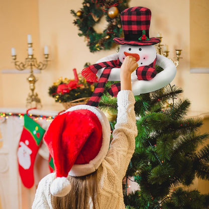Christmas Snowman Tree Topper, Large Plush Snowman Treetop Hugger with Red and Black Buffalo Plaid Hat & Scarf, Fluffy Xmas Tree Ornament Holiday Winter Wonderland Home Party Decorations Supplies