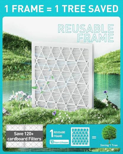 14x14x1 Refillable Air Filter Kit, MERV 8, 1 Reusable Frame ＆ 6 Refills, Fits Most AC HVAC Furnace Devices, Actual Size 13.75x13.75x0.75in