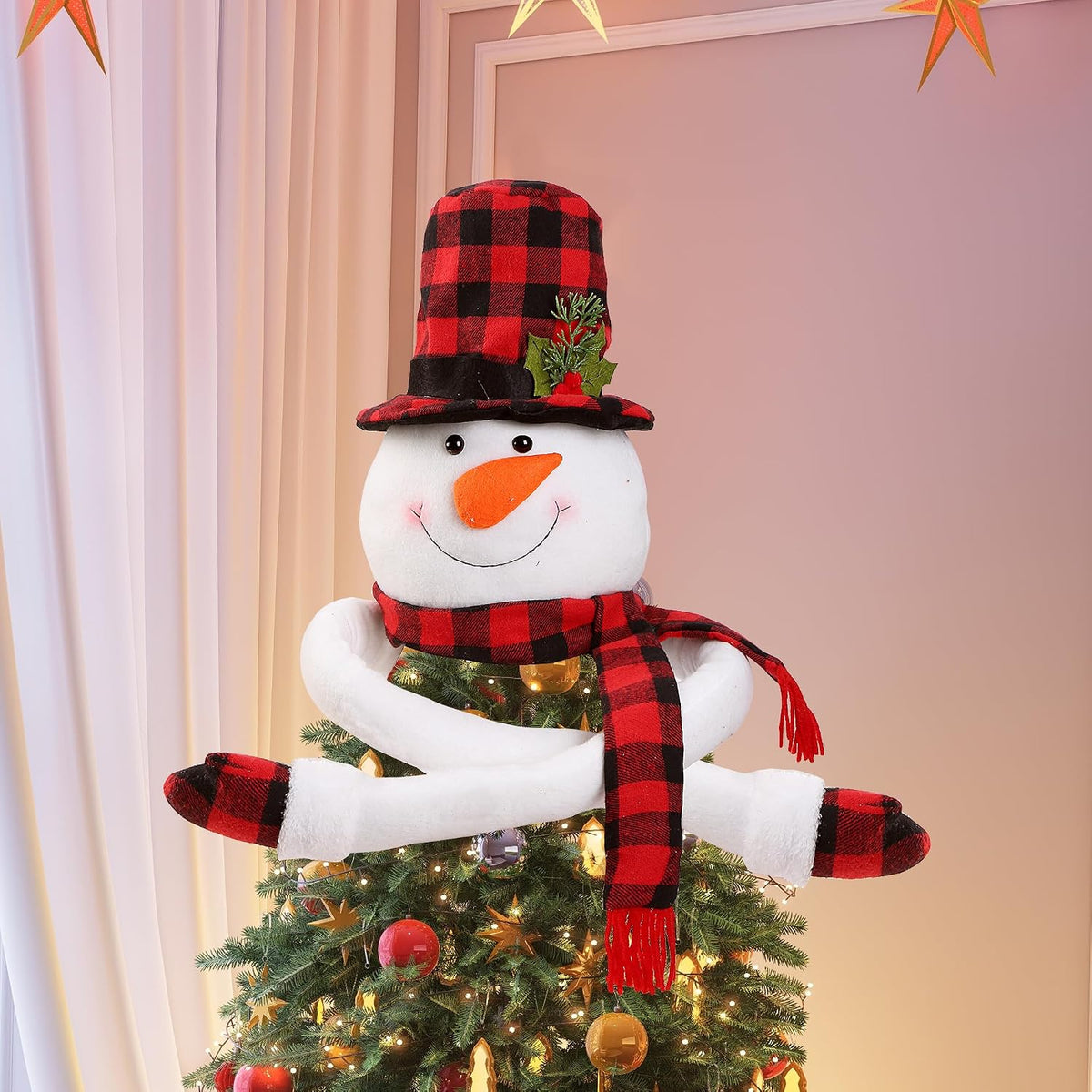Christmas Snowman Tree Topper Unique Christmas Decoration Large Plush Funny Christmas Tree Topper with Buffalo Plaid Hat Scarf Treetop Hugger Ornament for Home Holiday Winter Party Xmas Decor