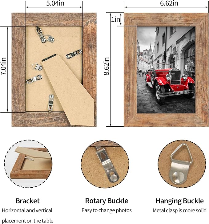 5x7 Picture Frame Set of 4, High Definition Real Glass 5 x 7 Photo Frames for Desktop Display and Wall Mounting(Distressed White+Oak+Rustic Brown+Black)