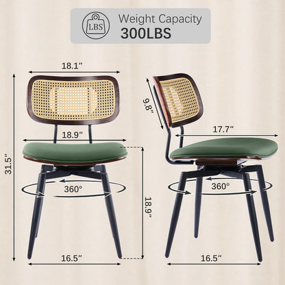 Dining Chairs, Set of 4, Modern, Green, Rattan & Faux Leather, Swivel with 360 Rotation, Ergonomic & Adjustable Height