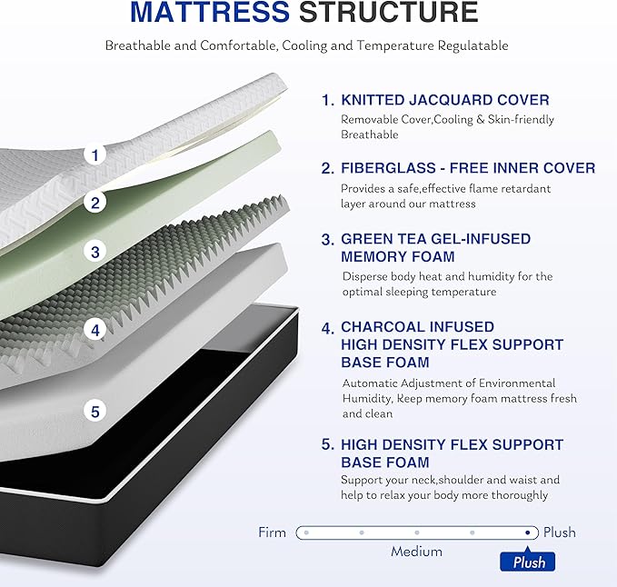 12 Inch Full Green Tea Memory Foam Mattress for Cool Sleep & Pressure Relief, Bed in a Box, Removable Cover No Fiberglass, CertiPUR-US Certified