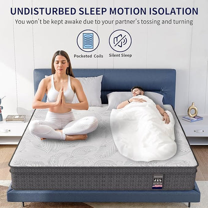 Queen Mattress 14 Inch, Memory Foam Mattress with Pocket Spring, Soft & Comfortable Medium Firm, Motion Isolation, Pressure Relief, CertiPUR-US Certified (80"*60"*14")