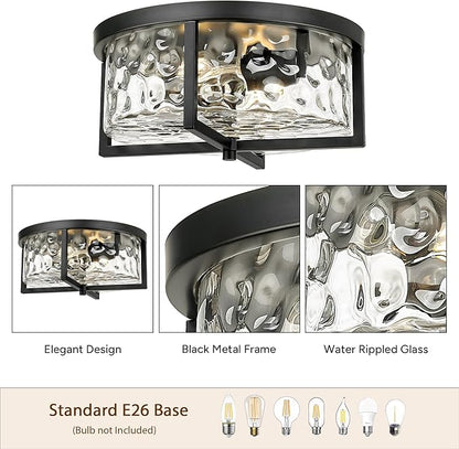Modern Flush Mount Ceiling Light, 13" D 2-Light Industrial Close to Ceiling Lights, Hammered Glass Ceiling Light,Flush Ceiling Light for Hallway, Kitchen, Bathroom, Dining Room (Black,)