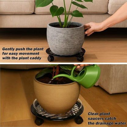 1 Packs Large Metal Plant Caddy with PU Wheels 13.6" Heavy-Duty Wrought Iron Rolling Plant Stands Indoor Outdoor Wheeled Plant Dolly Planter Mover Rollers Plant, Leaf Style