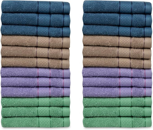 Casa Lino Face Towels & Body Wash Cloths for Showering - 100% Cotton Wash Cloths for Bathroom - Highly Absorbent & Quick Drying Washcloth Set - Cotton Washcloths 24 Pack (12" x 12") - (Multicolor II)