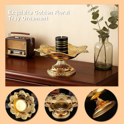 Golden Fruit Bowl for Kitchen Counter, Christmas Decorative Bowl for Home Decor, Serving Tray for Candy Dish Pedestal Floating Flowers Diwali Candles, Buddhist Offering Plate