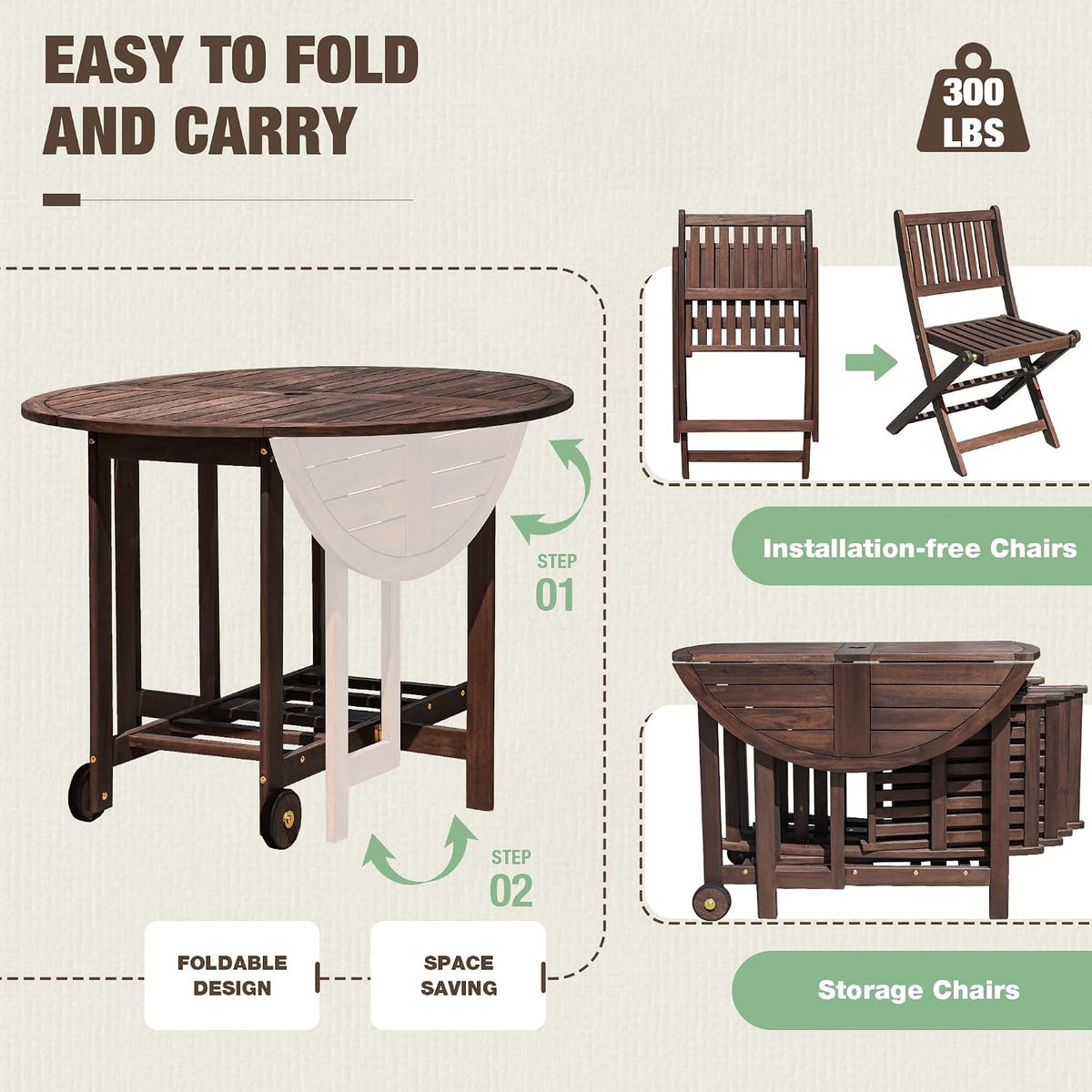 Devoko 5 PCS Patio Furniture, Patio Dining Set Acacia Wood Outdoor Table and Chairs, with 4 Folding Chairs and 37" Round Movable Table, Outdoor Dining Set for Lawn, Balcony, Garden (Deep Brown)