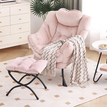 Furlide Lazy Chair with Ottoman, Modern Chair with Folding Footrest, Lounge Accent Chair, Comfortable Reading Chair, Oversized Armchairs for Bedroom, Study, Living Room, Courtyard (Pink)