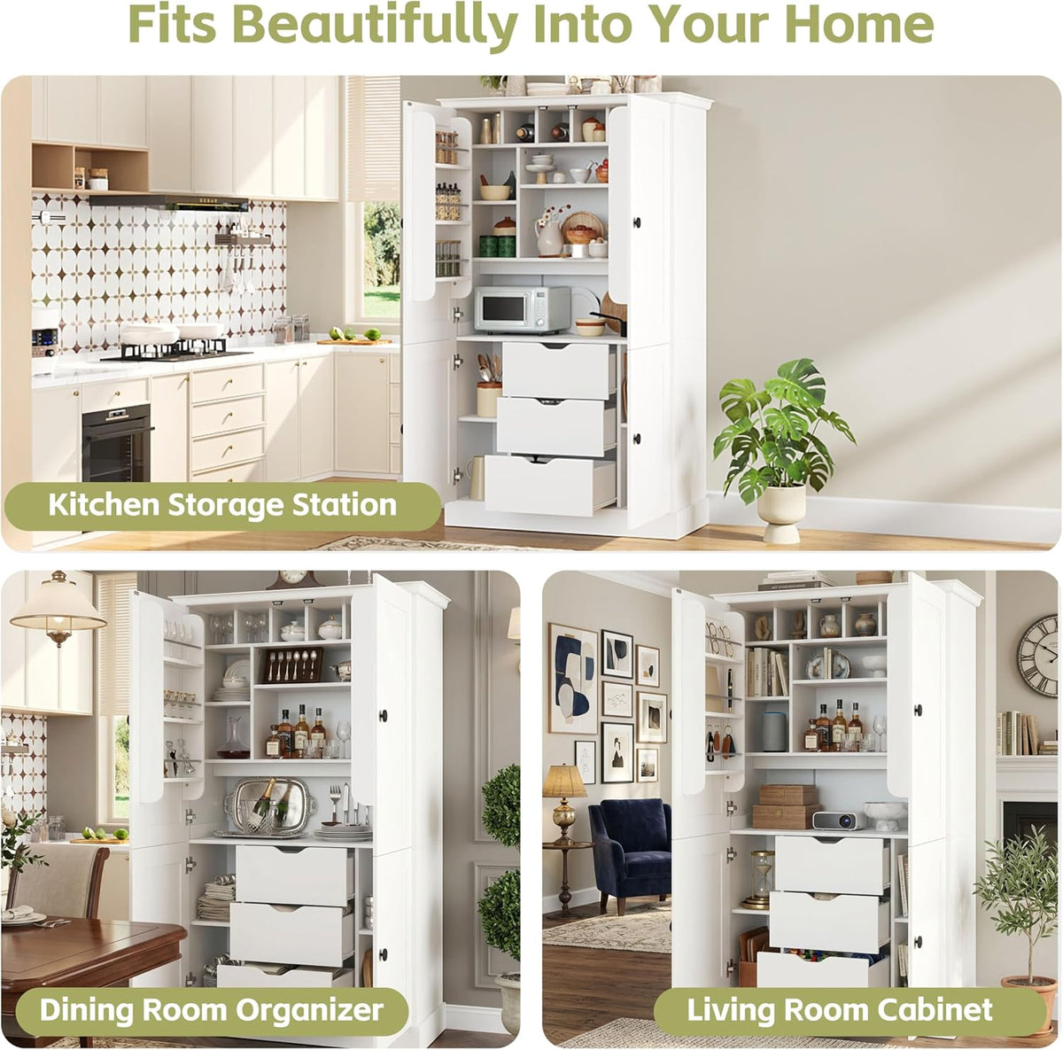 70.9" Tall Kitchen Pantry Cabinet with 4 Doors 3 Drawers 6 Wine Racks & Removable Shelves, Freestanding Storage Cabinets with Built-in Workstation for Kitchen Dining Room Living Room(White)