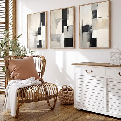 3Pcs Neutral Abstract Canvas Wall Art Pictures Modern Minimalist Posters Prints Beige Black Simple Wall Decoration for Living Room Bedroom Bathroom Office 16x24in Unframed