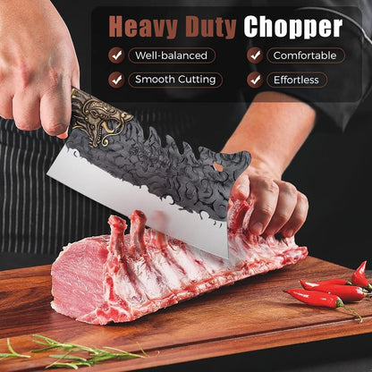 ROCOCO Cleaver Knife Meat Cutting Heavy Duty Bone Butcher Chopper Large Hand Forged Chinese Dragon Viking Cutter for Kitchen Outdoor with Sheath Birthday Father Mother Christmas Gift Men 8.6"