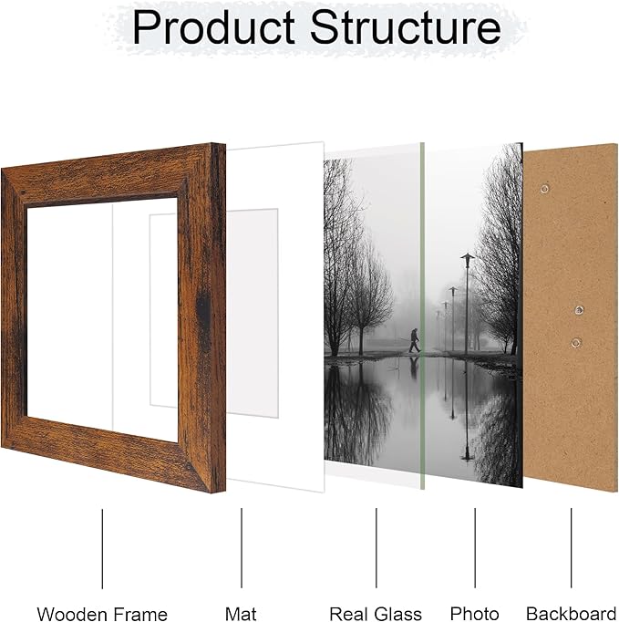 6x6 Picture Frame Set of 4 with Real Glass, Rustic Frames Display 4x4 Picture with Mat or 6 x 6 Without Mat, Square Photo Frame for Wall Mount and Tabletop Display