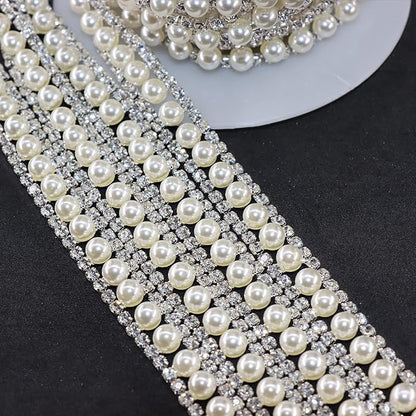 Jerler Rhinestone Trim Applique 1 Yard 2 Rows Crystal Chain Banding Diamond Inlaid White Pearl Beaded Rhinestones for Crafts Clothing and Bridal Embellishments Wedding Ideas Christmas Decorations