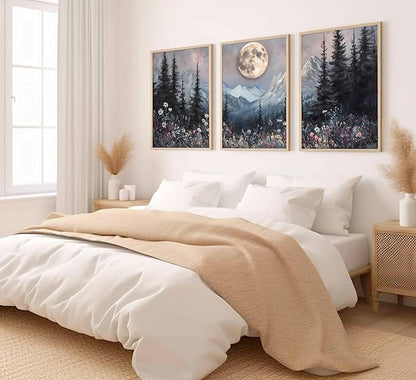 3Pcs Full Moon Forest Canvas Wall Art Moody Dark Forest Moonlit Pine Tree Mountains Wildflowers Wall Decor Wildflower Moon Poster Print Artwork for Bedroom Living Room Decoration Unframed