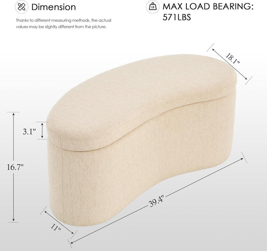 Zesthouse Storage Bench for Bedroom End of Bed, 39.4" Small Curved Entryway Ottoman Bench, Beige Linen Fabric Bench Seat for Living Room Hall Mudroom, Modern Upholstered Coffee Table Crescent Shape