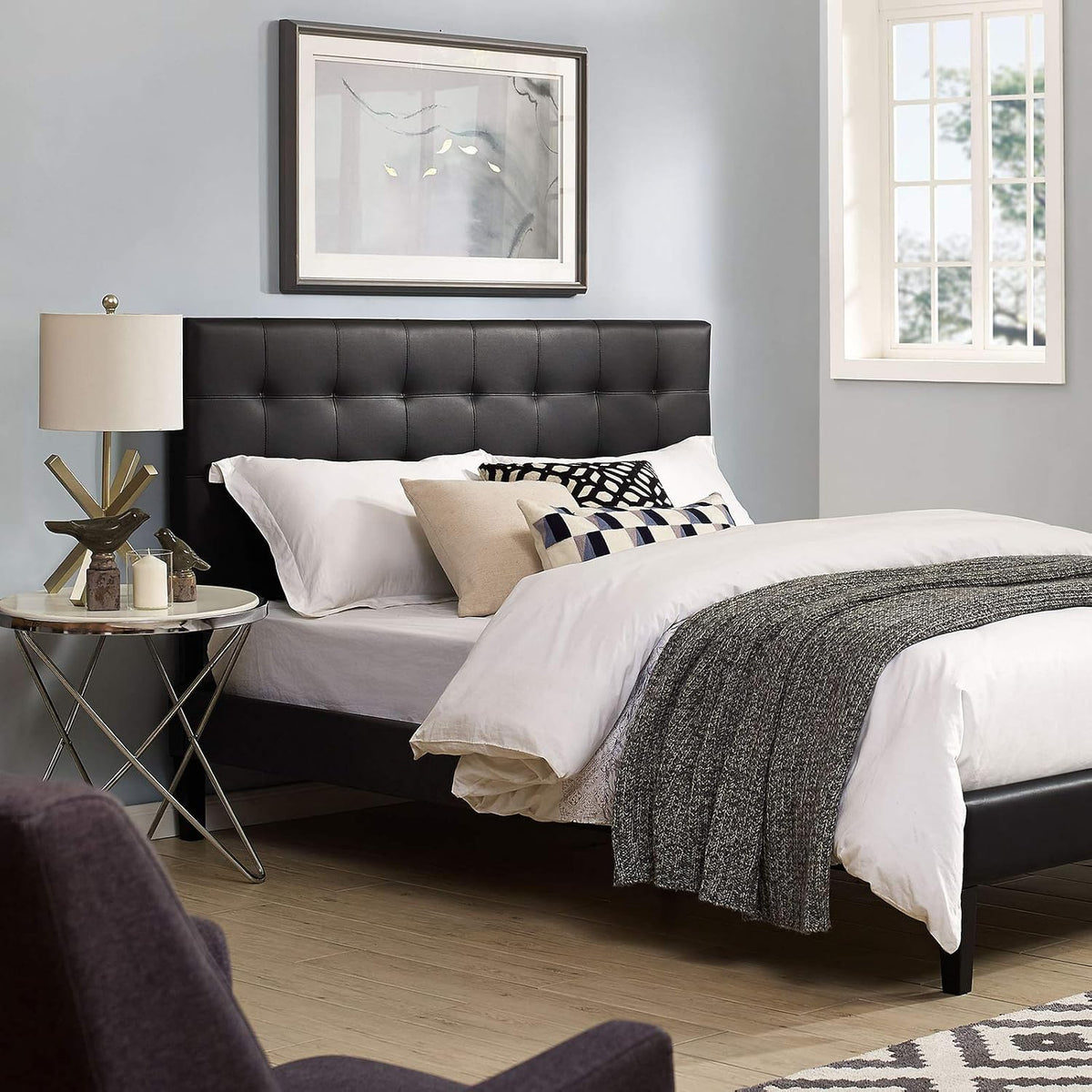 Modway Paisley Upholstered Tufted Faux Leather Full / Queen Headboard Size in Black