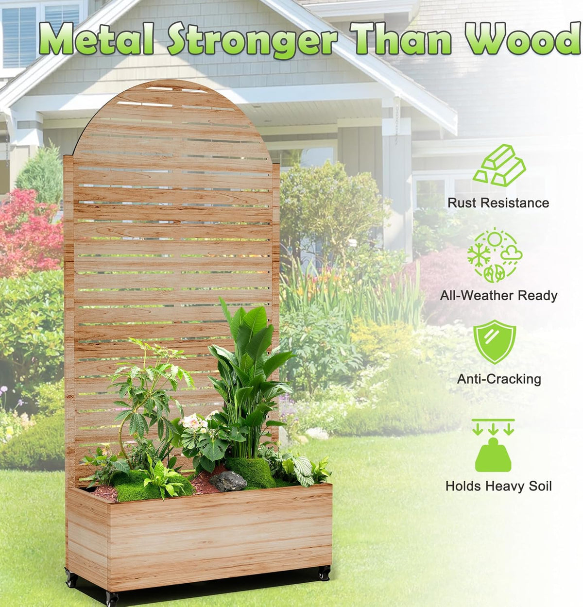 15.7"×70.9"×35.4" Metal Raised Garden Bed with Trellis and Wheels - Tall Trellis Planter Box for Climbing Plants, Vegetables & Vines - Outdoor Privacy Planters for Patio (Acacia Wood Grain-Louvered)