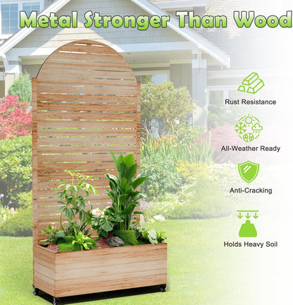 15.7"×70.9"×35.4" Metal Raised Garden Bed with Trellis and Wheels - Tall Trellis Planter Box for Climbing Plants, Vegetables & Vines - Outdoor Privacy Planters for Patio (Acacia Wood Grain-Louvered)