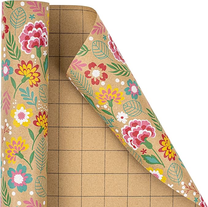 RUSPEPA Kraft Wrapping Paper Roll - Mini Roll - Carnation Design Great for Mother's day, Birthday, Party, Anniversary - 17 Inches X 32.8 Feet