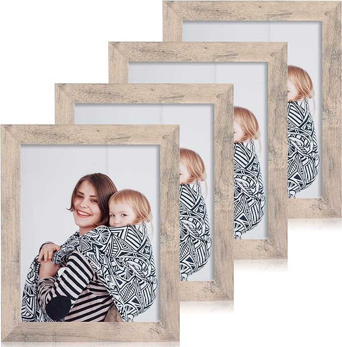 8x10 Picture Frame Set of 4, Smoke Gray Frame with High Definition Real Glass, 8 x 10 Wood Photo Frame for Tabletop Display and Wall Mounting