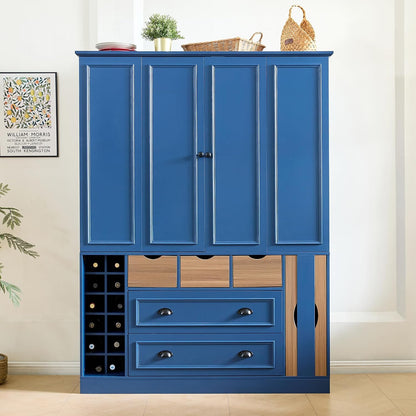 Farmhouse Kitchen Pantry Storage Cabinet with 4 Foldable Doors, Freestanding Large Cupboard with Power Outlet, Shelves, Wine Racks and Serving Trays for Dining Room, Kitchen (Blue)