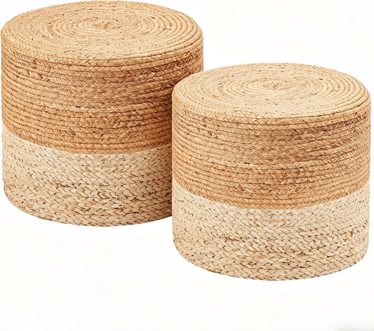 Wimarsbon 2Pcs Pouf Ottomans, Natural Seagrass Foot Stool, Hand Weaving Round Ottoman, Boho Decorative Seat, Jute Braided Pouffe Poof Accent Sitting Footrest (18inch Water Hyacinth Braid & Corn Husk)