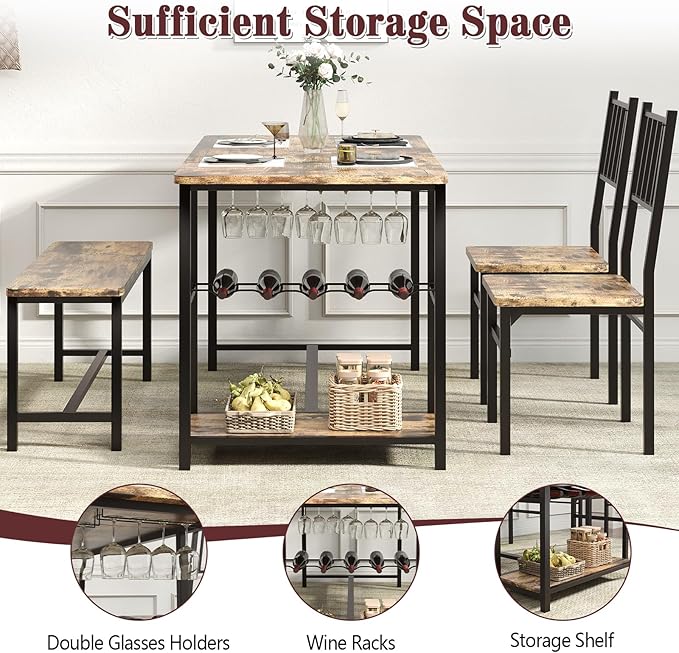 Dining Table Set for 4, Kitchen Table and 2 Chairs for 4 With Bench, Dining Table Set With Built in Wine Rack&Wine Glasses Holder, Storage Shelves for Small Space, Apartment, Kitchen, Rustic Brown