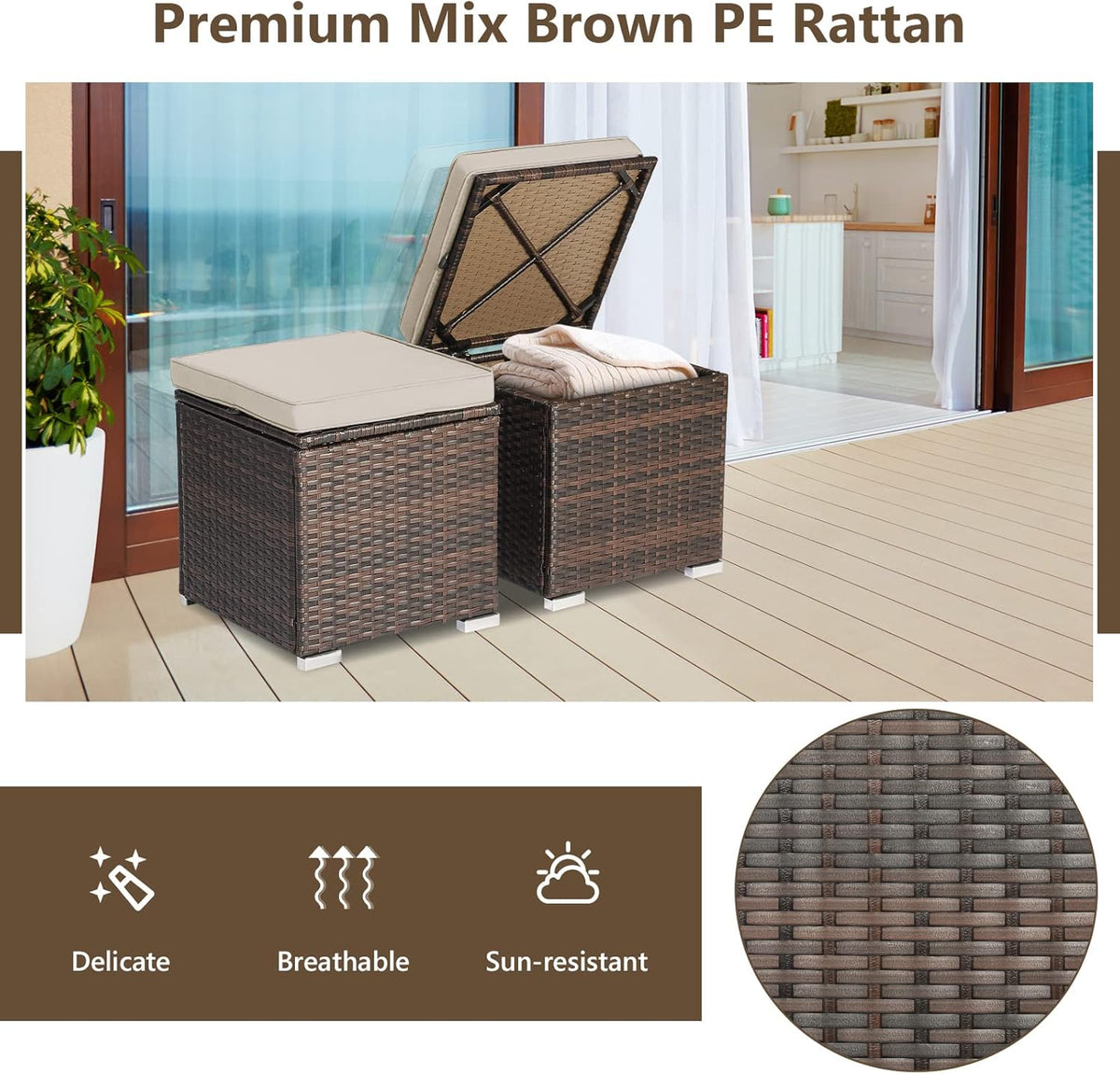 Tangkula 2 Pieces Patio Ottomans, Patiojoy Hand-Woven PE Rattan Side Table with Removable Cushion & Hidden Storage Space, Multifunctional Storage Box, Seat for Patio, Backyard, Poolside (Beige)