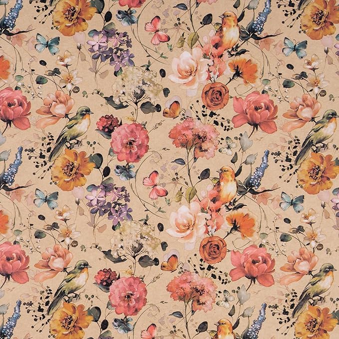 RUSPEPA Floral Wrapping Paper Bouquet for Women, 17 in x 16.4 ft, Mini Roll, Blooming with Bird and Butterfly Design, Kraft Wrapping Paper Roll for Spring, Birthday and Baby Shower