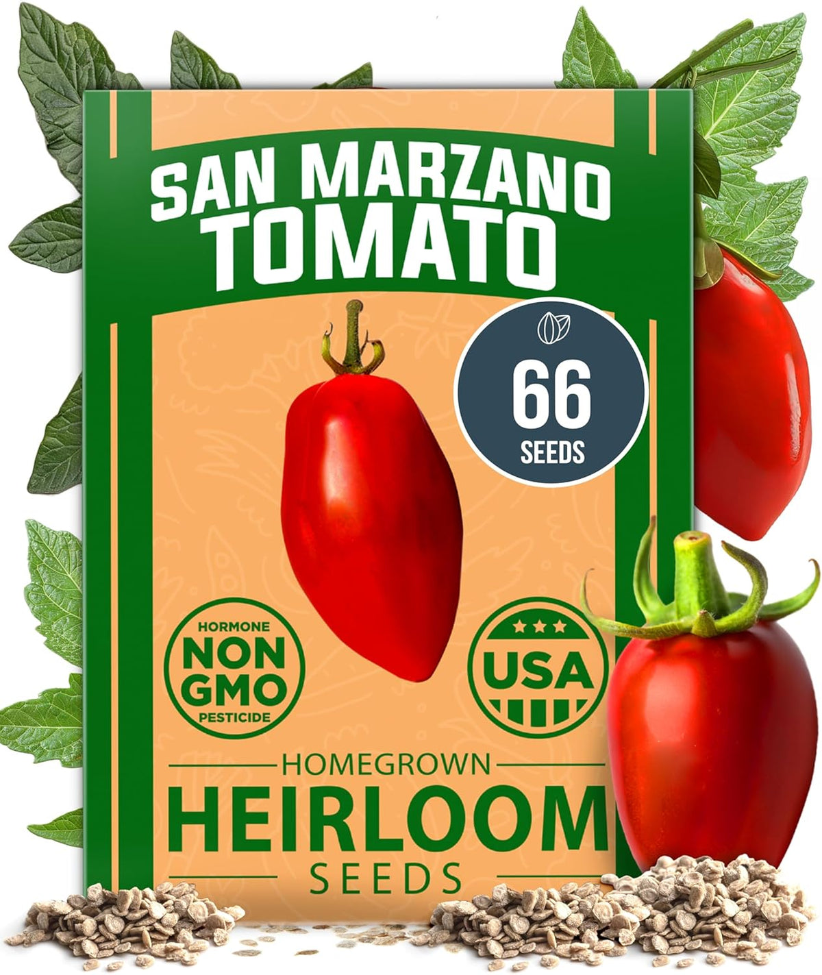 HOME GROWN San Marzano Tomato Seeds – 66 Heirloom, 𝗡𝗢𝗡-𝗚𝗠𝗢, 𝗨𝗦𝗔-𝗦𝗢𝗨𝗥𝗖𝗘𝗗 Seeds – High Germination Tomatoes for Indoor & Outdoor Growing – Classic Paste Variety for Gardeners & Home Use