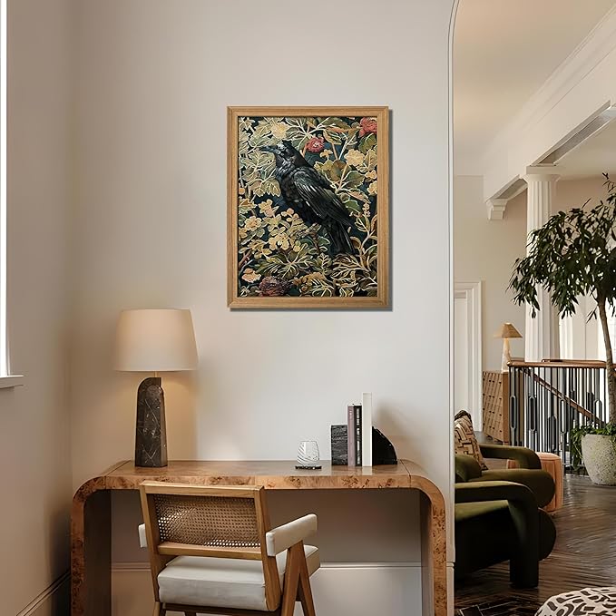AKWISH Framed 3D Textured Vintage Wall Art - Dark Academia Decor Hand Drawn Sandstone Black Crow Paintings with Botanical Florals, Aesthetic Wall Decor for Living Room Bedroom Home 12x16 inch