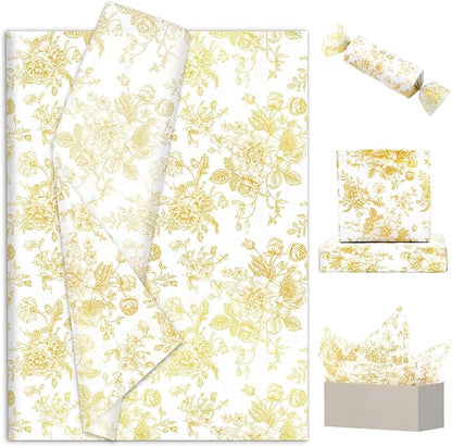 JarThenaAMCS 100 Sheets Floral Tissue Paper Gold Flower Gift Wrapping Paper Vintage Decorative Art Paper for Home Party DIY Crafts Supplies, 14 x 20 Inch