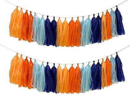 Blue and Orange Tissue Paper Tassel Garland,Tissue Tassel Banner for Party Decorations,Pack of 20